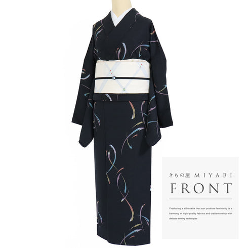 小紋 リサイクル 身丈159.5cm 裄70.4cm 袷 ブラック Mサイズ お洒落 カジュアル 正絹 広衿 Sランク