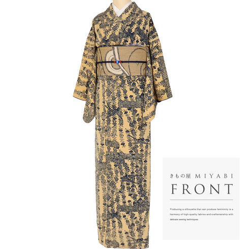 小紋 リサイクル 身丈154.3cm 裄63.2cm 袷 枝垂れ桜に鳥柄 ベージュ Sサイズ お洒落 カジュアル 正絹 広衿 Sランク