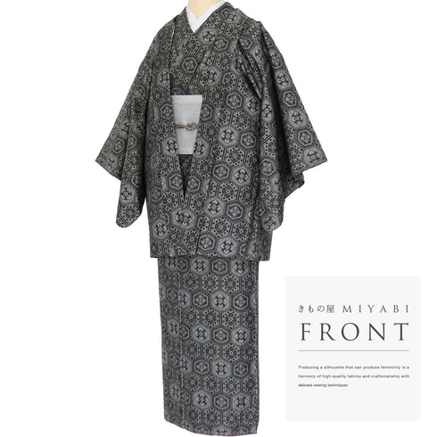 アンサンブル 紬 リサイクル 身丈163.3cm 裄62.6cm 羽織丈76cm 袷 亀甲柄 グレー Lサイズ カジュアル お洒落 しつけ糸 正絹 広衿 Sランク