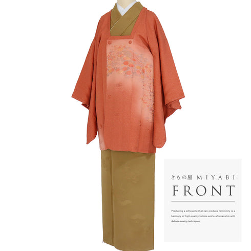 道行コート リサイクル 身丈83.5cm 裄64.6cm 袷 絵羽柄 刺繍 地紙に花柄 オレンジ Mサイズ お洒落 しつけ糸 正絹 Sランク