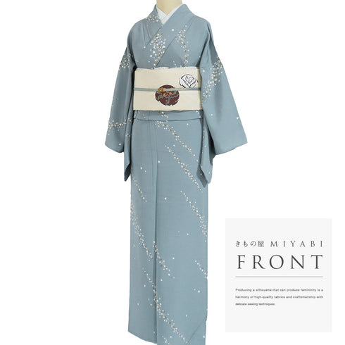 小紋 リサイクル 身丈156.2cm 裄66cm 単衣 ブルー Mサイズ 正絹 広衿 Sランク