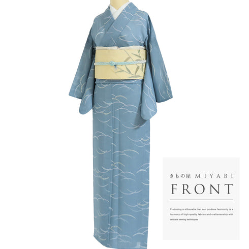小紋 リサイクル 夏着物 身丈160.3cm 裄63.6cm 絽 露芝柄 既製品 ブルー Mサイズ お洒落 カジュアル ポリエステル 洗える着物 広衿 Sランク