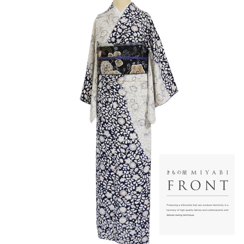 付下げ リサイクル 身丈158.5cm 裄62.6cm 袷 辻ヶ花調 後絞り加工 ネイビー Mサイズ お洒落 しつけ糸 正絹 広衿 Sランク