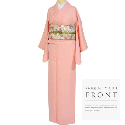 色無地 リサイクル 身丈156.5cm 裄62.4cm 袷 ピンク Mサイズ セミフォーマル 一つ紋 しつけ糸 正絹 広衿 地紋あり Sランク