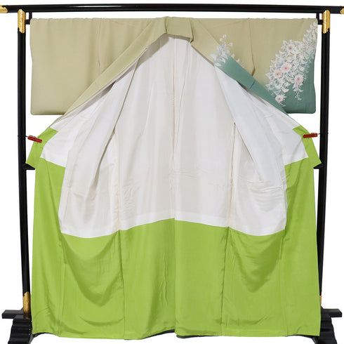 付下げ リサイクル 身丈164.2cm 裄69.2cm 袷 辻が花柄 絞り ゆったりサイズ グリーン Lサイズ お洒落 正絹 広衿 Sランク