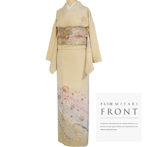 付下げ リサイクル 身丈165.3cm 裄66.4cm 袷 雪輪に枝垂れ桜柄 金駒刺繍 箔 ベージュ Lサイズ フォーマル セミフォーマル しつけ糸 正絹 広衿 Sランク