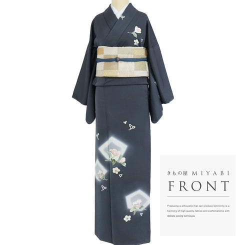 訪問着 リサイクル 身丈164.5cm 裄66.4cm 袷 金駒刺繍 花柄 グレー Lサイズ お洒落 しつけ糸 正絹 広衿 Sランク