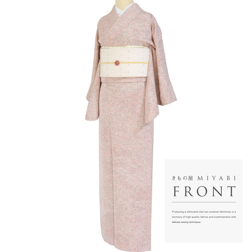 小紋 リサイクル 身丈162.7cm 裄64cm 袷 草花柄 ピンク Lサイズ お洒落 カジュアル 正絹 バチ衿 Sランク