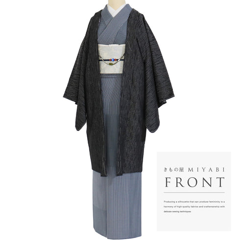 羽織 リサイクル 身丈100cm 裄67.6cm 袷 ロング丈 幾何学柄 地紋 ブラック Lサイズ お洒落 しつけ糸 正絹 未使用品