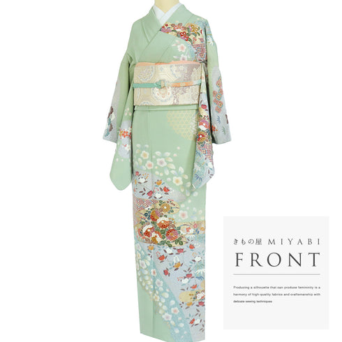 訪問着 リサイクル 身丈164.2cm 裄66.4cm 袷 霞に菊やたちばな柄 金駒刺繍 後絞り加工 箔 グリーン Lサイズ セミフォーマル お洒落 正絹 広衿 Sランク