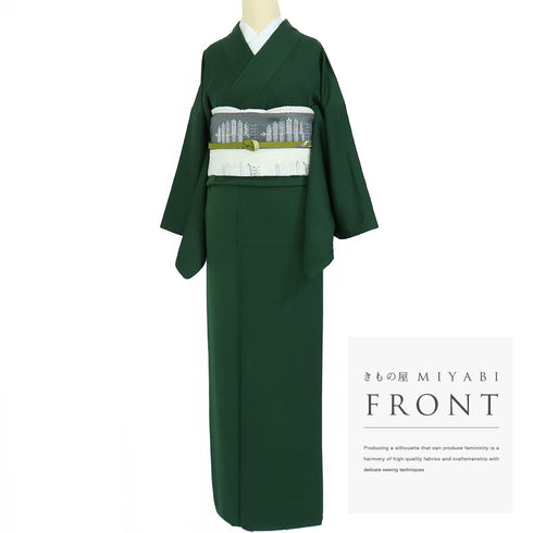 色無地 リサイクル 身丈157.3cm 裄66cm 袷 グリーン Mサイズ お洒落 正絹 広衿 地紋あり Sランク