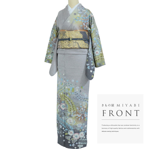 訪問着 身丈158.5cm 裄66.8cm 袷 辻ヶ花模様 グレー Mサイズ フォーマル お洒落 正絹 広衿 Sランク