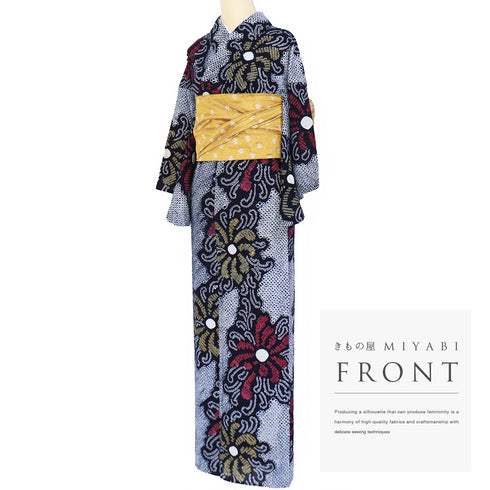 浴衣 リサイクル 夏着物 身丈147.5cm 裄63cm 夏物 絞り 花柄 ネイビー SSサイズ カジュアル 木綿 洗える着物 バチ衿 Aランク