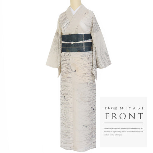 小紋 リサイクル 夏着物 身丈153cm 裄64.8cm 夏物 芝模様 とんぼ柄 雪輪 ミシン仕立て 後身頃居敷当て付き ベージュ Sサイズ カジュアル お洒落 ポリエステル 洗える着物 広衿 Sランク