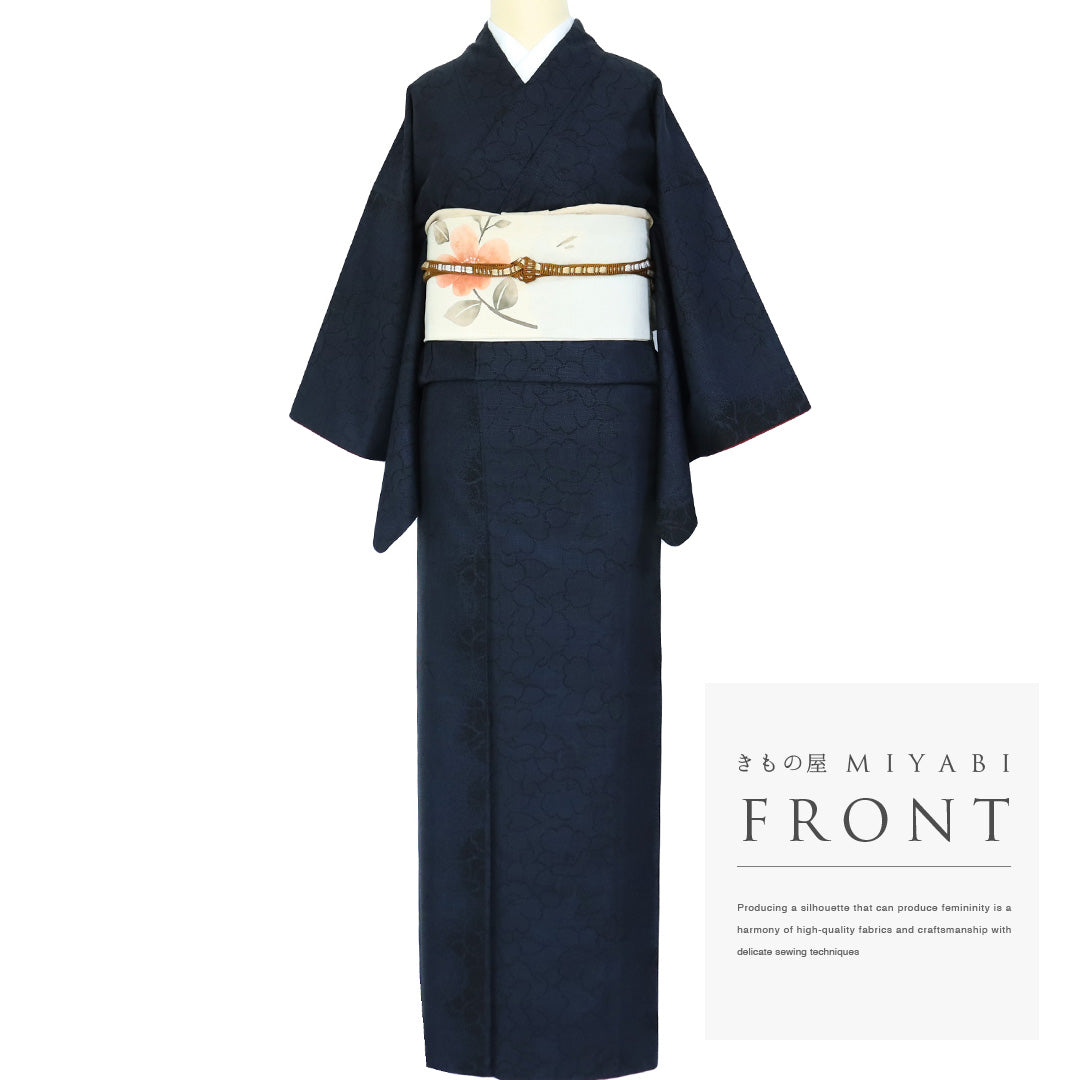 b98 鉄紺 紬着物小紋フルセット 新品美品 身丈151裄丈66ゆったり 紬 着物 大島紬 アンサンブル 羽織付 ヱ霞華文 袷 広衿 紺黒色 正絹