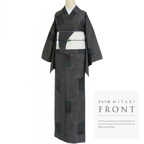 大島紬 リサイクル 身丈159.3cm 裄64.8cm 袷 市松模様 ブラック Mサイズ カジュアル お洒落 しつけ糸 正絹 広衿 Sランク