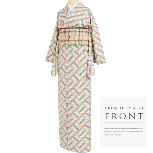 紬 リサイクル 身丈169.5cm 裄66.4cm 袷 格子に七宝柄 ベージュ LLサイズ お洒落 カジュアル しつけ糸 正絹 広衿 Sランク