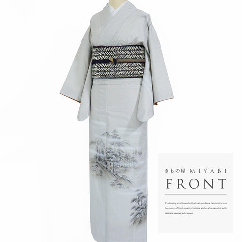 付下げ リサイクル 身丈167cm 裄63.2cm 袷 大島紬 遠山樹林風景柄 晃生 ホワイト LLサイズ お洒落 落款 正絹 広衿 Aランク