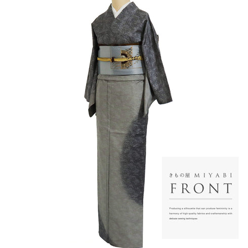 付下げ リサイクル 身丈158.8cm 裄65.2cm 袷 大島紬 草花柄 グレー Mサイズ お洒落 正絹 広衿 Sランク