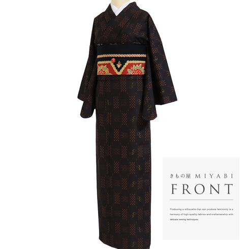 紬 リサイクル 身丈163.3cm 裄66.4cm 袷 伊勢崎絣 絣柄 ブラック Lサイズ お洒落 カジュアル 証紙 しつけ糸 正絹 広衿 Sランク