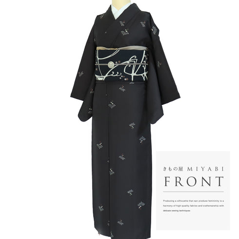 小紋 リサイクル 身丈157.5cm 裄63.6cm 単衣 青海波にひょうたん柄 地紋 ブラック Mサイズ お洒落 カジュアル ポリエステル 洗える着物 広衿 Aランク