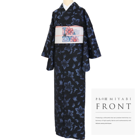 小紋 リサイクル 身丈154.5cm 裄63.6cm 袷 アンティーク お召 花柄 地紋 ネイビー Sサイズ お洒落 カジュアル 正絹 広衿 Aランク