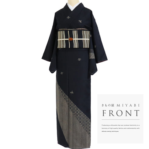 付下げ リサイクル 身丈151.3cm 裄62.6cm 袷 紬 小紋寄せ柄 染め ブラック Sサイズ お洒落 正絹 広衿 Sランク