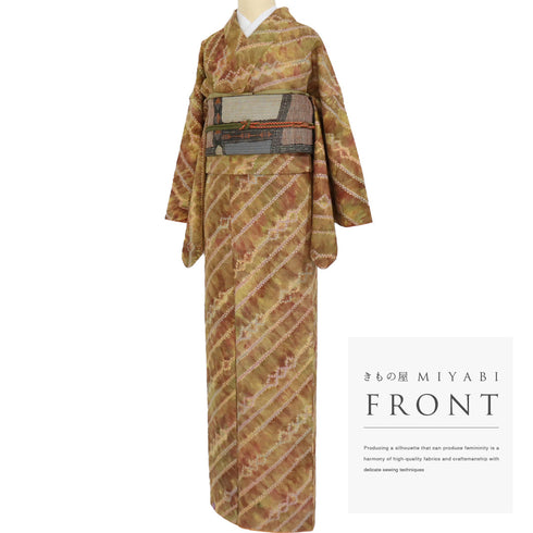 小紋 リサイクル 身丈168.5cm 裄69.4cm 袷 漢方染め 折り縫い絞り 多色 LLサイズ お洒落 カジュアル 正絹 広衿 Sランク