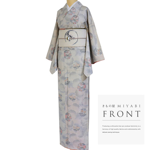 紬 リサイクル 身丈167cm 裄66.6cm 袷 雪輪に花柄 アイボリー LLサイズ カジュアル お洒落 正絹 広衿 Sランク