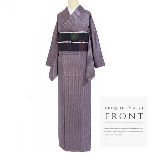 小紋 リサイクル 身丈155cm 裄65.3cm 袷 縞模様 伝統工芸士 一級技能士 長居賢珠 パープル Sサイズ カジュアル 落款 正絹 広衿 Sランク