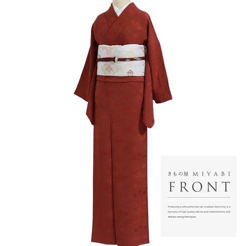 色無地 リサイクル 身丈164cm 裄65.2cm 袷 レッド Lサイズ セミフォーマル 一つ紋 正絹 広衿 地紋あり Sランク