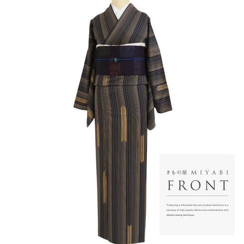 小紋 リサイクル 身丈164cm 裄69.6cm 袷 パールトーン加工 縞模様 矢羽根柄 地紋あり 箔加工 ネイビー Lサイズ お洒落 正絹 広衿 Sランク