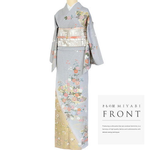 訪問着 リサイクル 身丈161.3cm 裄67.2cm 袷 菊柄 たたき柄 箔加工 グレー Lサイズ セミフォーマル お洒落 正絹 広衿 Sランク