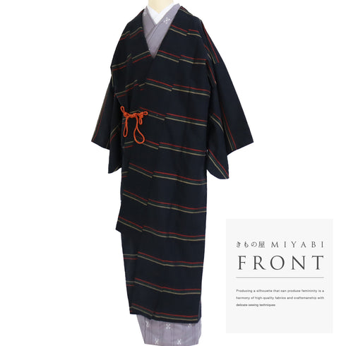 道中着 リサイクル 身丈130.8cm 裄67.4cm 袷 紬 ロング丈 縞柄 ブラック Lサイズ お洒落 カジュアル 正絹 Aランク