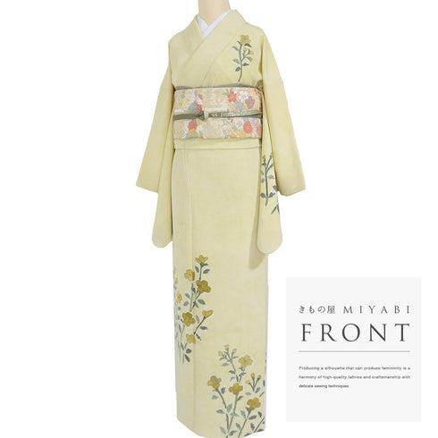 訪問着 リサイクル 身丈164.5cm 裄66.4cm 袷 花柄 箔 イエロー Lサイズ セミフォーマル 正絹 広衿 Aランク