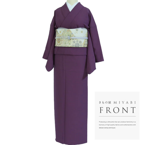 色無地 リサイクル 身丈161.2cm 裄65cm 袷 パープル Lサイズ セミフォーマル お洒落 一つ紋 ポリエステル 洗える着物 バチ衿 地紋なし Sランク