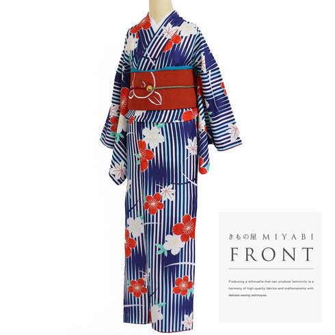 小紋 リサイクル 身丈167cm 裄68cm 袷 花柄 ブルー LLサイズ お洒落 カジュアル しつけ糸 ポリエステル 洗える着物 広衿 Sランク