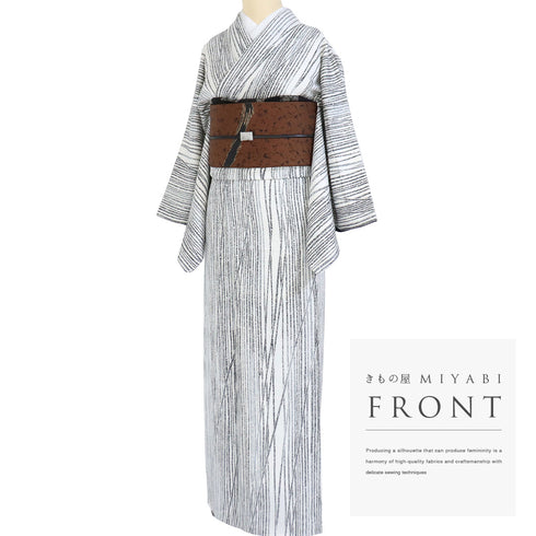 小紋 リサイクル 身丈157.2cm 裄65.6cm 袷 竹縞柄 ホワイト Mサイズ お洒落 カジュアル 正絹 広衿 Aランク