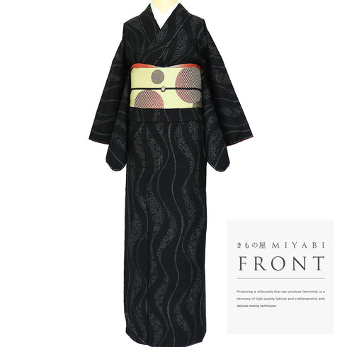 結城紬 リサイクル 身丈161cm 裄66cm 袷 曲線柄 ブラック Lサイズ お洒落 カジュアル 証紙 しつけ糸 正絹 広衿 新品・未使用品