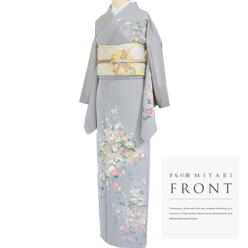 訪問着 リサイクル 身丈160cm 裄65.6cm 袷 四季花柄 グレー Mサイズ セミフォーマル お洒落 正絹 広衿 Sランク