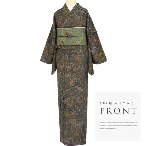 小紋 リサイクル 身丈160.8cm 裄68.4cm 袷 グリーン Lサイズ お洒落 正絹 広衿 Sランク