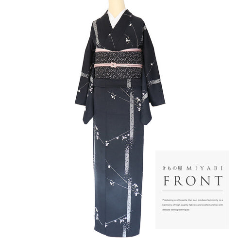 小紋 リサイクル 身丈161cm 裄67.2cm 袷 花柄 ブラック Lサイズ お洒落 カジュアル 正絹 広衿 Aランク