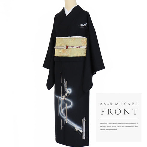 訪問着 リサイクル 身丈156cm 裄64.4cm 袷 金駒刺繍 竹にひょうたん柄 ブラック Mサイズ セミフォーマル 落款 正絹 広衿 Sランク