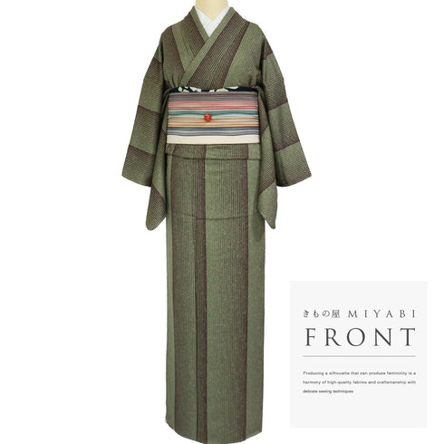 小紋 リサイクル 身丈158.3cm 裄64.6cm 袷 縞にたたき模様 お洒落八掛 グリーン Mサイズ お洒落 しつけ糸 正絹 広衿 Sランク