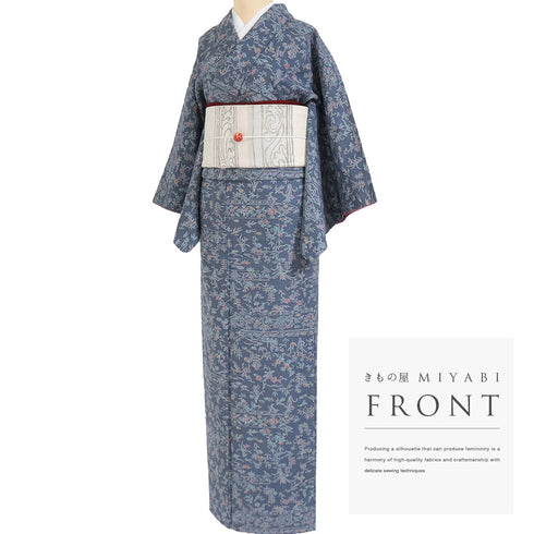 紬 リサイクル 身丈162cm 裄64cm 袷 染め紬 花と鳥柄 ブルー Lサイズ カジュアル お洒落 正絹 広衿 Sランク