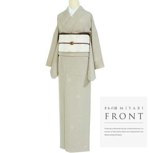 小紋 リサイクル 身丈155cm 裄65cm 袷 飛び鹿子柄 ゆったりサイズ ベージュ Sサイズ セミフォーマル 一つ紋 正絹 広衿 Sランク