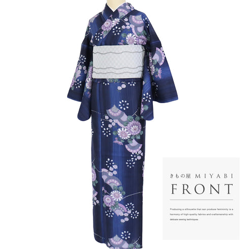 浴衣 リサイクル 夏着物 身丈162.5cm 裄65cm 夏物 花柄 既製品 ブルー Lサイズ カジュアル 木綿 洗える着物 バチ衿 Sランク