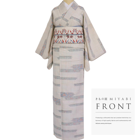 紬 リサイクル 身丈162.2cm 裄65cm 袷 花柄 アイボリー Lサイズ お洒落 カジュアル 正絹 広衿 Sランク