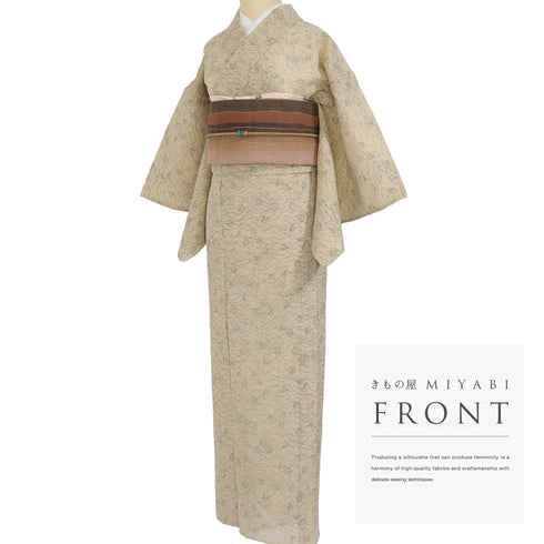 紬 リサイクル 夏着物 身丈159cm 裄62.8cm 夏物 千代谷縮 草原柄 ベージュ Mサイズ カジュアル 混合 洗える着物 バチ衿 Sランク