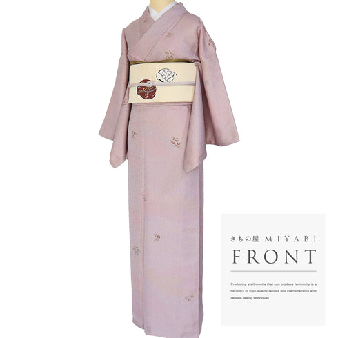 小紋 リサイクル 身丈151.8cm 裄66.4cm 袷 草花柄 型染め パープル Sサイズ お洒落 カジュアル 正絹 広衿 Sランク